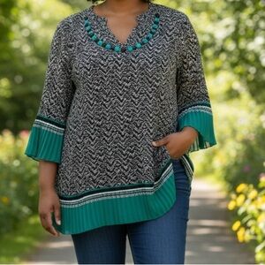 Catherines Black Teal Tunic Top 3/4 Sleeve Pleated Hem Embellished Neckline 0X